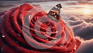 Red rose with dew and butterfly, soft cloud-filled sky behind. photo