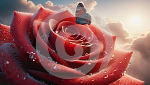Red rose with dew and butterfly, soft cloud-filled sky behind. photo