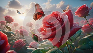 Red rose with dew and butterfly, soft cloud-filled sky behind. photo