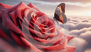 Red rose with dew and butterfly, soft cloud-filled sky behind. photo