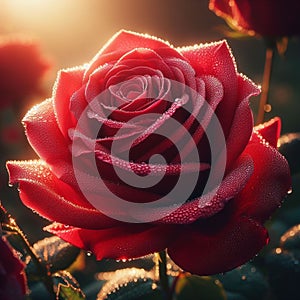 Red Rose with Drop Water under Sun Light