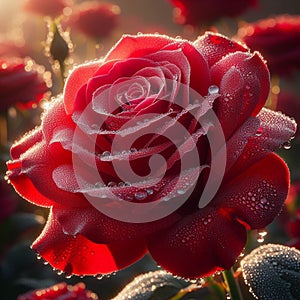 Red Rose with Drop Water under Sun Light