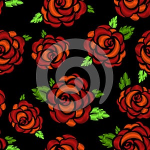 Red rose embroidery on black background