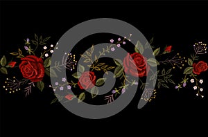 Red rose embroidery on black background. Satin stitch imitation fashion decoration border necklace. Texture flower small