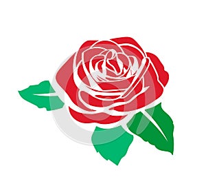 Red rose flower bud with green leaves icon silhouette isolated on white