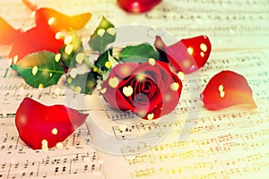 Red rose flower Music notes sheet Hearts vintage