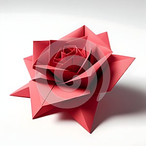 Origami red rose flower on white background, paper flower art