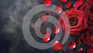 Red rose flower and petals on dark grunge background