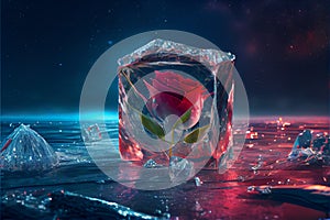 Red rose flower trapped in ice block on frozen icy background at sunset valentine\'s love concept