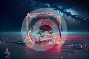 Red rose flower trapped in ice block on frozen icy background at sunset valentine\'s love concept