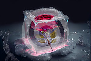 Red rose flower trapped in ice block on frozen icy background valentine\'s love concept