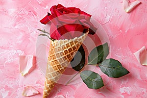 Red rose flower in waffle cone on pink background