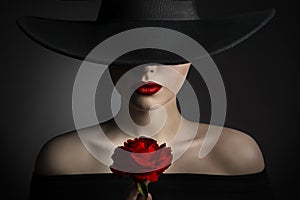 Red Rose Flower Woman Lips and Black Hat, Fashion Model Beauty