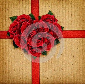 Red rose flowers heart and a ribbon