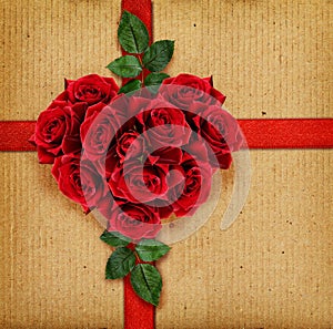 Red rose flowers heart and a ribbon