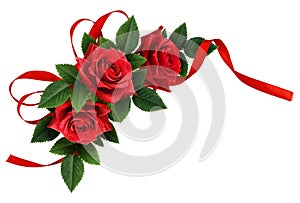 Red rose flowers and silk ribbon bow corner arrangement