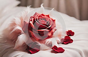 red rose and fluffy soft feathers