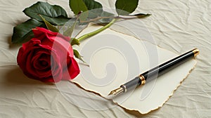 A red rose and a fountain pen on a wooden table with copyspace.