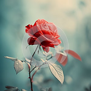 A red rose in full bloom against soft blue background. Generative AI