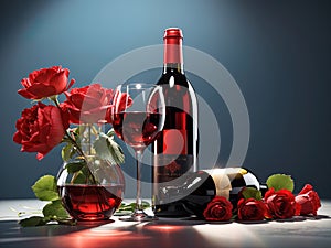 red rose in glass with bottle of wine and glass of wine on a black background