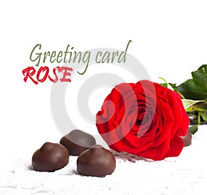 Red rose with green leaves and chocolate