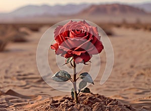Red rose growing out in a sand desert.