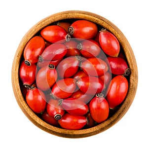 Red rose hips in a wooden bowl over white photo