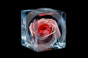 Red rose ice cube. Generate Ai
