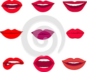 Red and rose kissing and smiling cartoon lips decorative icons for party presentation vector illustration