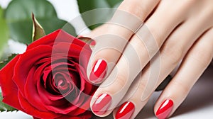 Red rose with manicure hands on white background