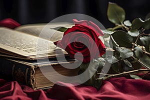 red rose on an old book, AI generated