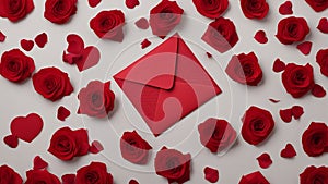 red rose petals background A red envelope heart shaped seal and letter inside. The envelope is lying on a bed of red roses