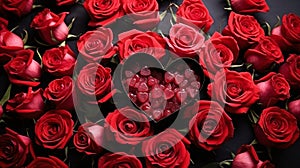 Red rose petals and a box with tiny red hearts.Valentine's Day banner with space for your own co