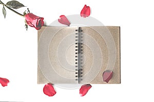 Red rose with petals and brown notebook for valentine background isolated on white background