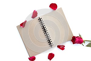 Red rose with petals and brown notebook for valentine background isolated on white background