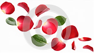 red rose petals falling or floating in the air isolated on white background with green leaves. Generative AI