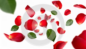 red rose petals falling or floating in the air isolated on white background with green leaves. Generative AI