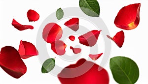 red rose petals falling or floating in the air isolated on white background with green leaves. Generative AI