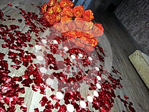 Red rose petals on the floor at home photo