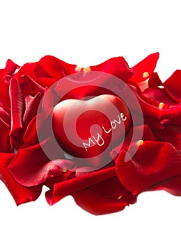 Red rose petals with heart