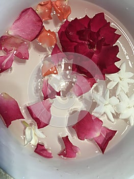Red rose petals and jasmines floating in white bowl