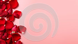 Red rose petals lie on the left on a bright red minimalistic background with large copyspace area