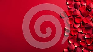 Red rose petals lie on the left on a bright red minimalistic background with large copyspace area