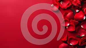 Red rose petals lie on the left on a bright red minimalistic background with large copyspace area