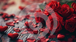 red rose petals on wooden background red roses on a wooden table red rose petals