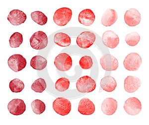 Red, rose pink watercolor round spots, dots, smears  set