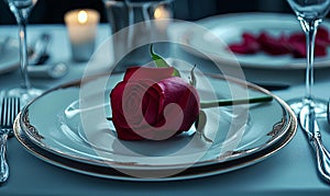 Romantic Dinner Setting with Red Rose and Candlelight