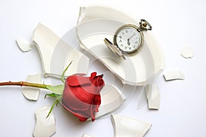 Red Rose and pocket watch laying on a broken bowl