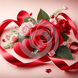 Red Rose and Ribbon-Formed Heart Adorn a Valentines Day Card. Generative ai for illustrations