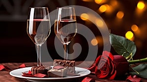 Red rose with two glasses of wine and chocalate praline on the table, romantic dinner concept, Valentine s day background.